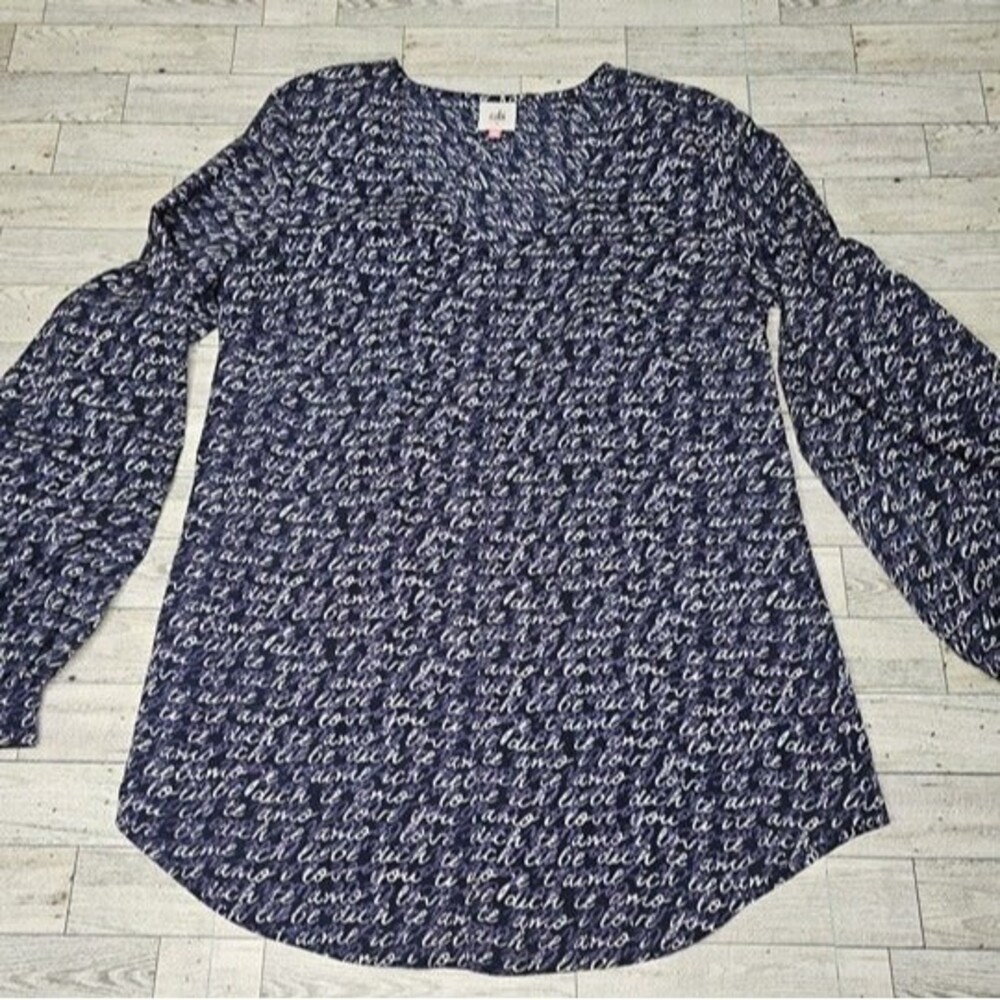 CAbi Love Black/Grey/White V-Neck Blouse with Cuffed Sleeves, Women's Size S